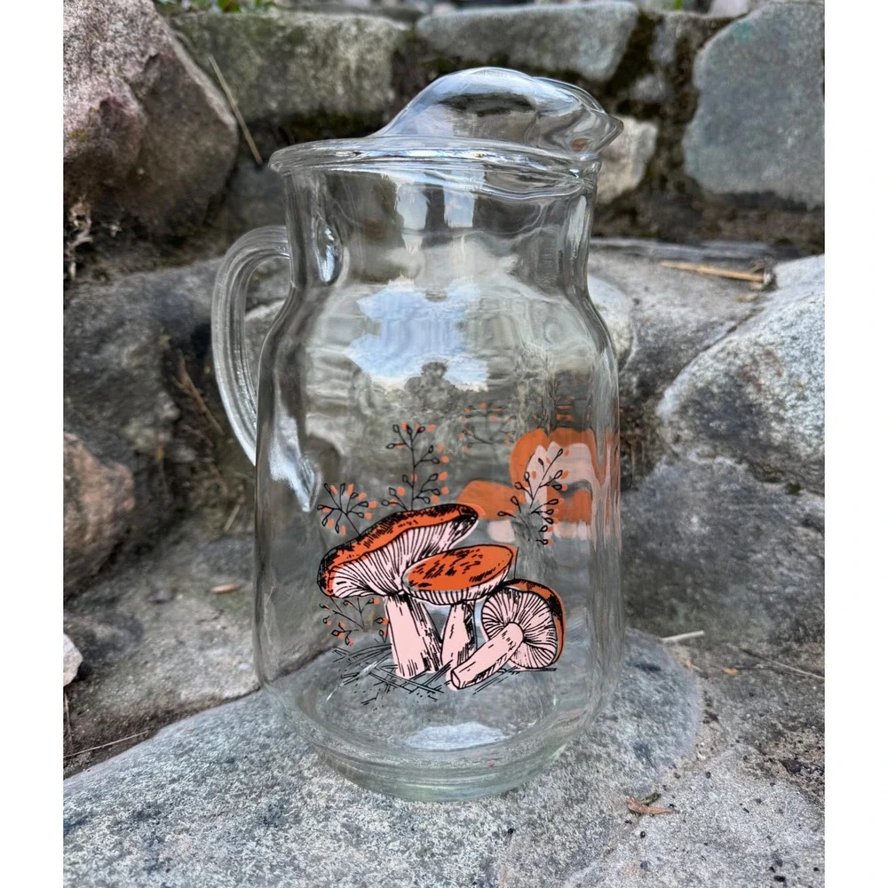 Vintage Mushroom Glass Pitcher with Ice Lip Retro Orange Pink 70s Cottagecore